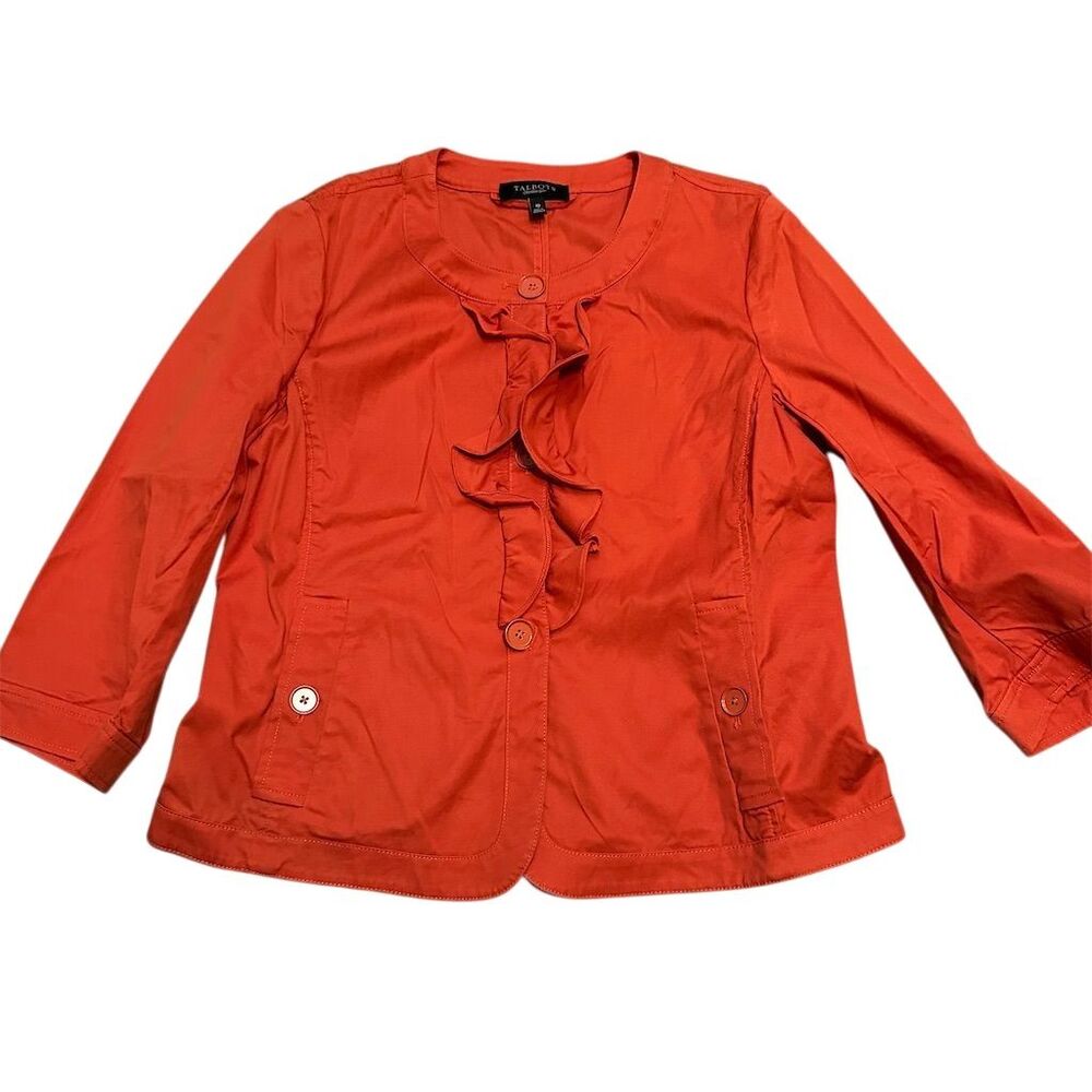 Talbots Women's Ruffled Blazer Jacket Size 10 Coral Orange‎ 3/4 Sleeve
